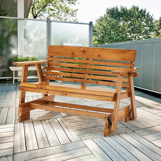 HOMREST Wooden Patio Glider Bench with Cup Holders, Heavy Duty 900LBS Outdoor Loveseat Glider with Ergonomic Deep Contoured Seat and High Roll Back for Garden Porch Balcony (4Ft 2-Seater, Brown)