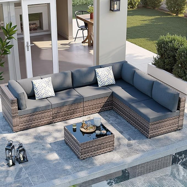 SUNLEI 7 Piece Patio Furniture Sets, Low Back All-Weather Rattan Sectional Sofa with Tea Table&Washable Couch Cushions - Photo 1