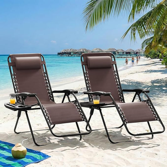 Homall Zero Gravity Chair Patio Folding Lawn Outdoor Lounge Gravity Camp Reclining Lounge Chair with Cup Holder Pillows for Poolside Backyard and Beach Set of 4 (Brown)