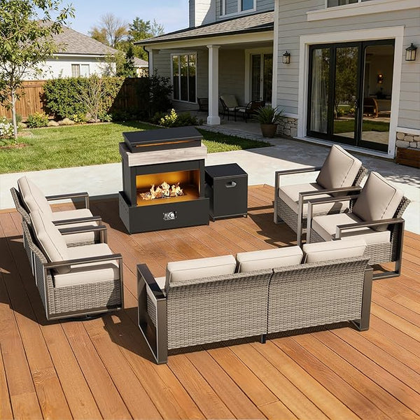 6 Pieces Wicker Patio 75" Sofa Set with 2 Armchairs, 2 Swivel Chairs, Fireplace - Photo 1