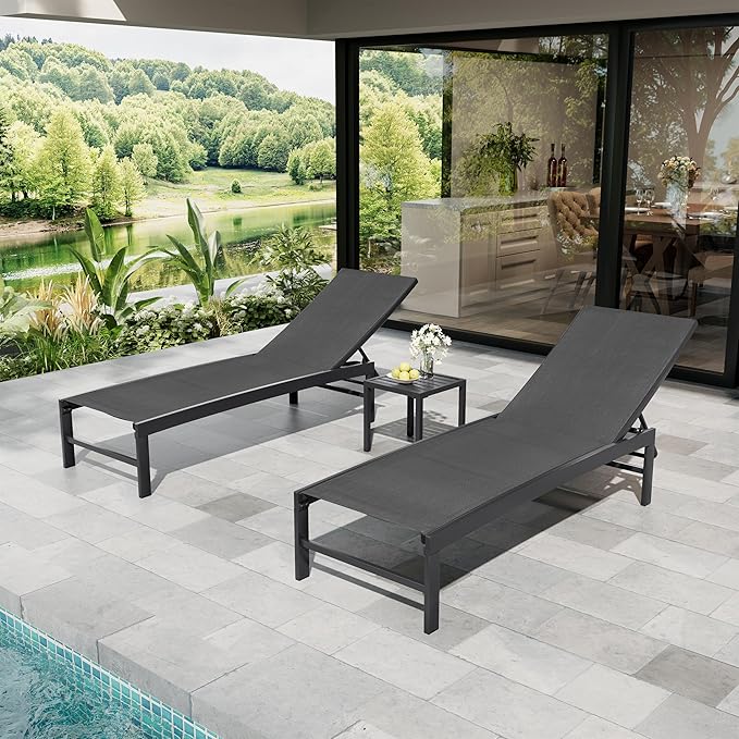 Crestlive Products 2PCS Chaise Lounge Chair Outdoor with 1PC Side Table, Adjustable 5 Positions Pool Tanning Recliner, Outdoor Lounge Furniture Perfect for Patio, Beach, Yard, Pool