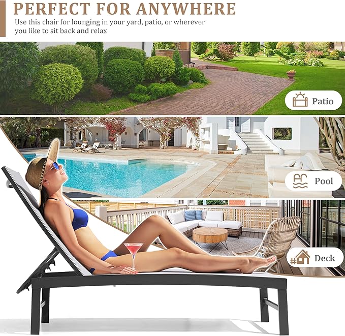 Chaise Lounge Chair, Set of 4 Outdoor Recliner Lounge Chair Sun Loungers, All Weather Chaise with 5 Adjustable Backrest and Lay Flat Positions for Garden, Balcony, Pool, Light Gray