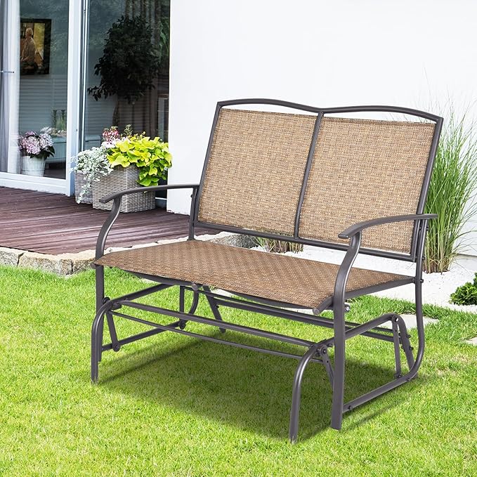Giantex Patio Glider Bench, 400 Lbs Capacity, Steel Frame, Brown, Outdoor Swing Chair, 2-Person Loveseat, Back Support, Ergonomic Design, Superior Fabric, Natural Style