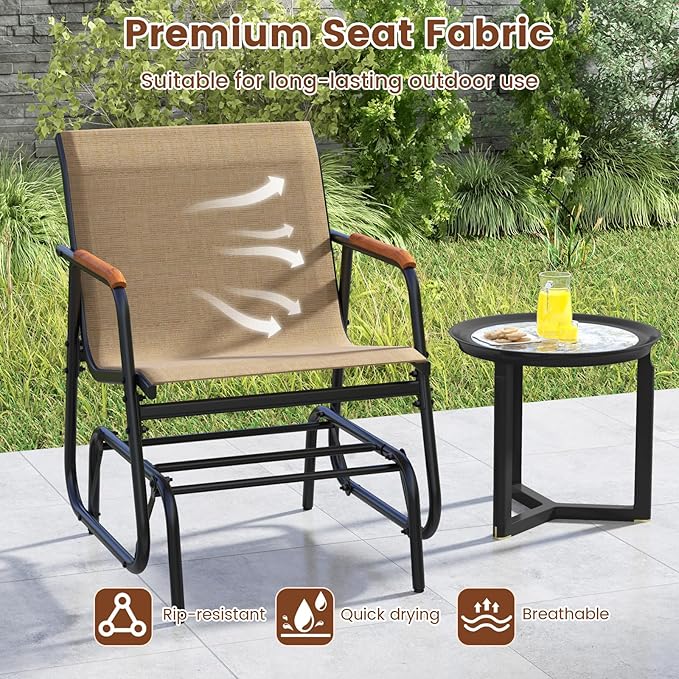 Tangkula Patio Glider Chair, Swing Gliding Armchair w/Curved Teak Armrests & Breathable Fabric Seat, Outdoor Metal Frame Rocking Chair Set for Porch, Backyard, Poolside (1 Pack)