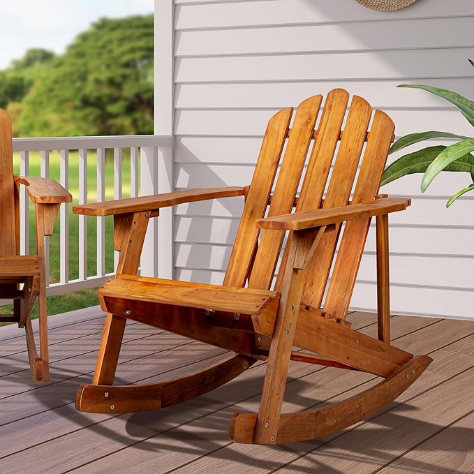 JONATHAN Y PAT1000A Kiawah Outdoor Patio Classic Acacia Wood Adirondack Rocking Chair for Garden, Lawn, Backyard, Pool, Deck, Beach, Firepit, Light Brown