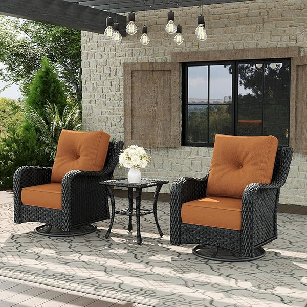 3 Piece Patio Furniture Set, All-Weather Wicker Outdoor Conversation Set with Swivel Rocking Chair and 6 Inch Thick - Photo 1