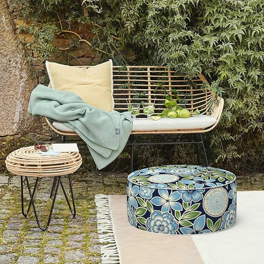 LVTXIII Inflatable Stool Ottoman Footrest with Handle, Decorative Fade-Resistant Foot Stool, Indoor or Outdoor Pouf for Home Garden and Camping Use, 21x21x9, Azure Botanical Symphony