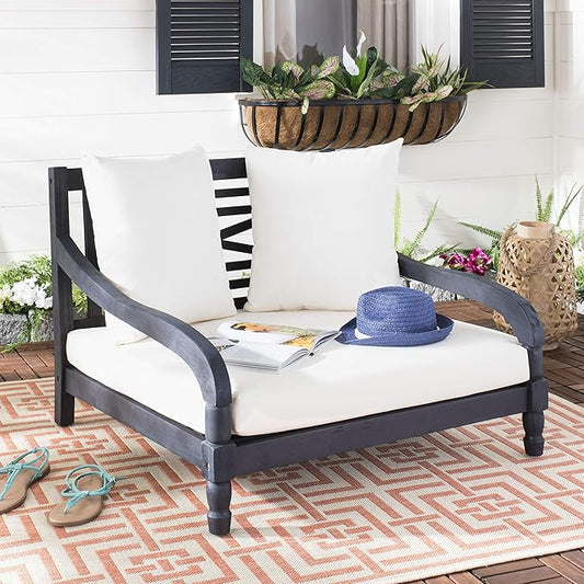 SAFAVIEH Outdoor Collection Pomona Dark Slate Grey Solid Wood/Beige Cushion Lounger Bench Sofa Loveseat (PAT6740K)