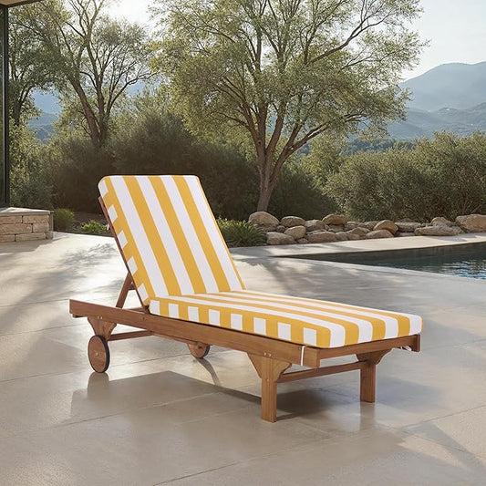 SAFAVIEH Outdoor Patio Furniture Collection - Newport Natural Solid Wood Chaise Lounge Chair with Yellow Stripe Cushion, Adjustable Backrest (PAT7316Y)