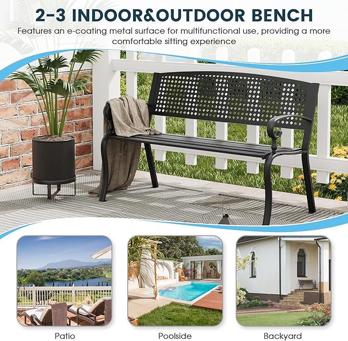 Outdoor Bench, 50 inches Metal Garden Bench, Cast Iron Steel Frame Patio Chairs w/Twist Circle Pattern Backrest for Park, Yard, Porch, Lawn, Balcony, Backyard, Black