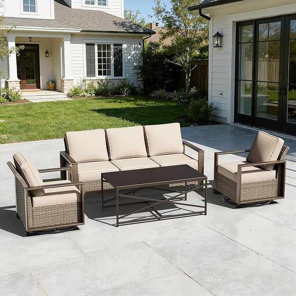 4 Pieces Patio Furniture Set with Wicker 75" Sofa, Two Swivel Rocker Chairs, One Coffee Table - Photo 1