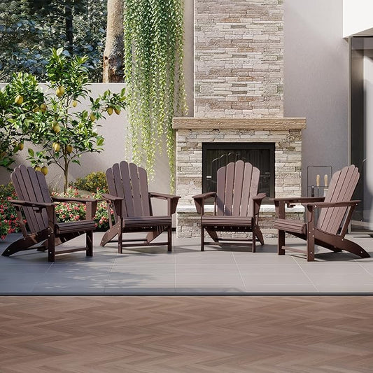 Costaelm Lakeview Outdoor Patio HDPE Adirondack Chairs with Cup Holders (Set of 4), Dark Brown
