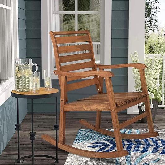 Eyely KCR101A Carrie Modern Slat-Back 300-Lbs Support Acacia Wood Patio Outdoor Rocking Chair for Garden, Lawn, Backyard, Pool, Deck, Beach, Firepit, Teak