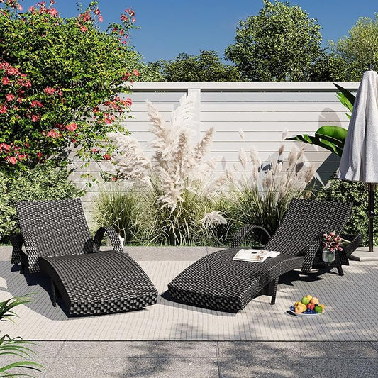 80.3” Outdoor Chaise Lounge, Black Pool Lounge Chairs Set of 4, Wicker Recliner Chair with Pull-Out Side Table, Adjust Back Patio Sunbathing Lounge Chairs for Outside, Garden, Deck, Backyard