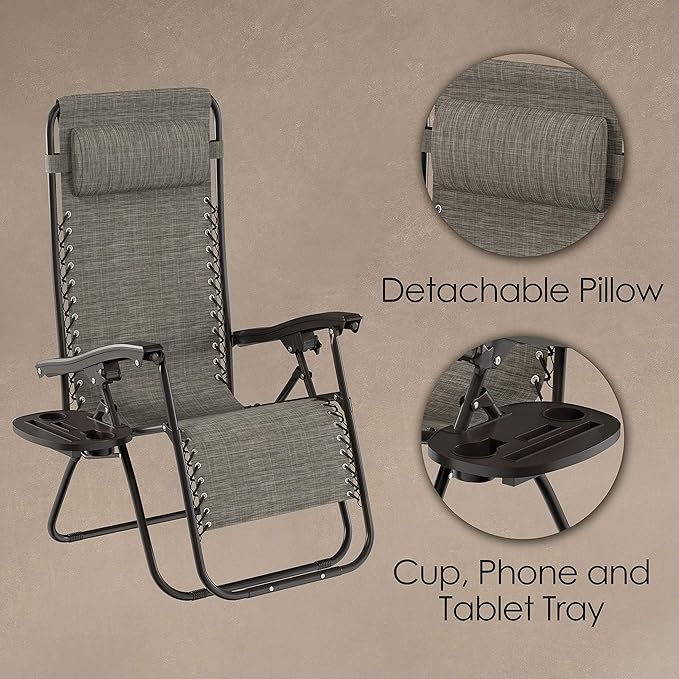 Lavish Home Zero Gravity Lounge Chairs- Set of 2- Gray Folding Anti-Gravity Recliners- Side Table, Cup Holder & Pillow-for Outdoor Lounging