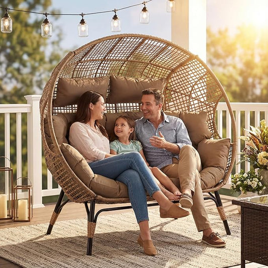 NICESOUL® Double Egg Chair Indoor Outdoor Stationary Oversized 6.5" Thick Padded Cushions,2 Person Wicker Egg Loveseat Chair, Extra Wide Lounge Chair for Patio Balcony Porch Brown with Cover