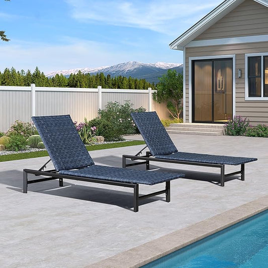 PURPLE LEAF Patio Chaise Lounge Rattan Chair Outdoor Pool Adjustable Recliner Wicker Lounger for Outside Woven Furniture Tanning Poolside Lounger Navy Blue
