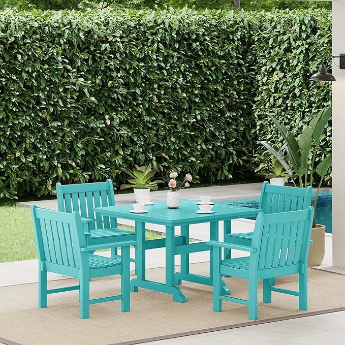 Costaelm Outdoor Dining Chairs with Arms Set of 2, Patio HDPE Garden Dining Table Chair, Poly Lumber Waterproof Restaurant Bistro Farmhouse Chairs for Outside Porch Backyard, Turquoise