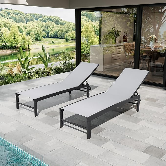 Crestlive Products Chaise Lounge Chair Outdoor Set of 2, Adjustable 5 Positions Pool Tanning Recliner, Outdoor Lounge Furniture Perfect for Patio, Beach, Yard, Pool