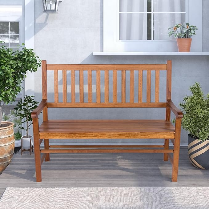 Shine Company Eden Outdoor Wood Garden Bench for Front Porch, Entryway, 24.5" D x 48" W x 38.75" H, Oak