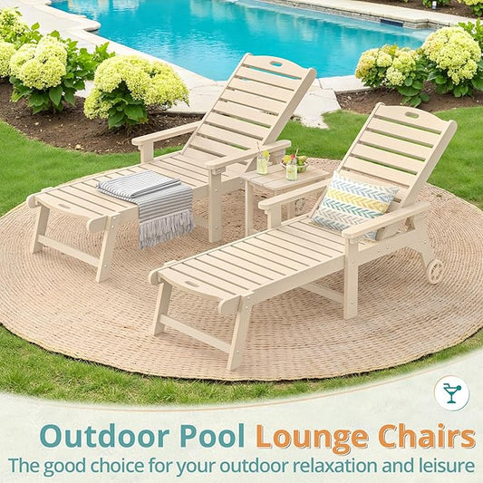 LUE BONA Lounge Chair Outdoor Set of 2, HDPS Chaise Lounge Outdoor with Wheel, 5 Positions Adjustable Pool Lounger Chairs for Outside, Patio, Sand