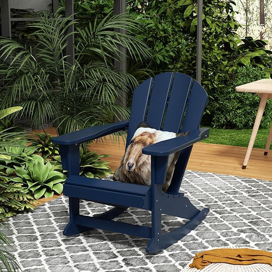 Costaelm Outdoor Adirondack Chair, All Weather Resistant Classic Balcony Chair and Fire Pit Chairs, Adirondack Plastic Outdoor Porch Furniture Rocking Chair High Back HDPE Poly Lumber, Navy Blue