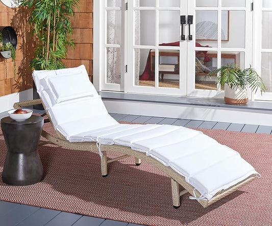 SAFAVIEH Outdoor Collection Colley Beige/White Cushion Wicker Chaise Lounge
