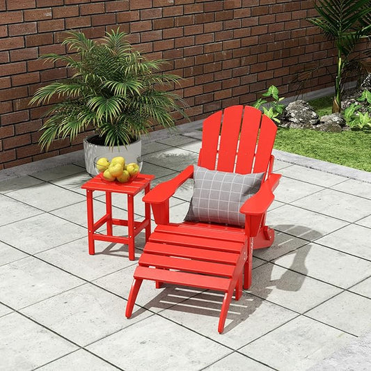 WO Home Furniture 3pc Set - HDPE Poly Adirondack Chair with Ottoman/Footrest and Square Side Table, All Weather and UV Resistant for Outdoor Patio Backyard, Garden, Red