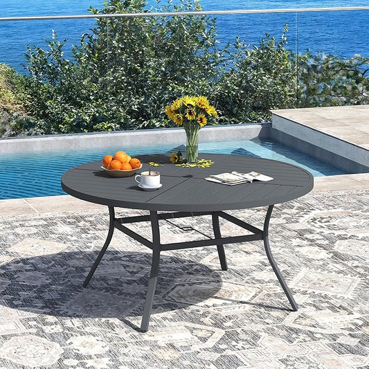 DIFY 50" Round Outdoor Patio Dining Table for 6, All-Weather Metal Steel Slatted Patio Table with 1.57" Adjustable Umbrella Hole, for Lawn Garden Porch Backyard, Grey