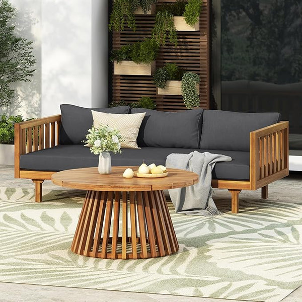 Merax Outdoor Acacia Wood Conversation Set - Patio 3-Seat Loveseat Sofa w/Coushion and Round Coffee Table for Backyard - Photo 1