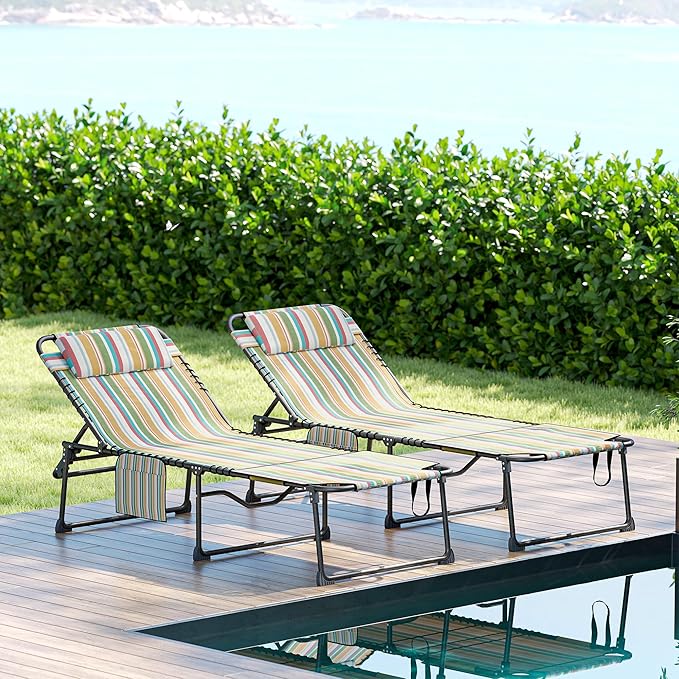 Outsunny 2 Piece Folding Chaise Lounge with 5-Level Reclining Back, Tanning Chair with Face Hole, Outdoor Lounge Chair with Side Pocket & Headrest for Beach, Yard, Patio, Rainbow Striped