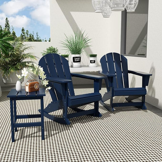 WO WESTIN OUTDOOR HDPE Laguna Outdoor Rocking Poly Adirondack Chair with Side Table 3-Piece Set, Navy Blue