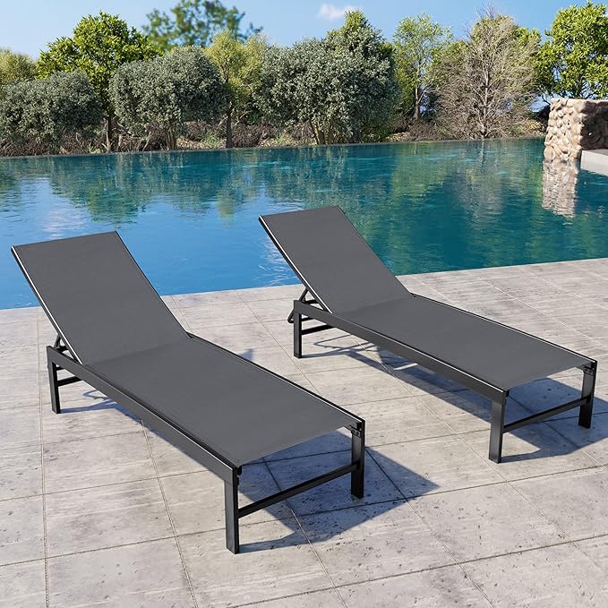 Crestlive Products Chaise Lounge Chair Outdoor Set of 4, Adjustable 5 Positions Pool Lounge Chairs, Metal Tanning Recliner, Outdoor Furniture All Weather for Patio, Beach, Yard, Pool(Dark Grey)