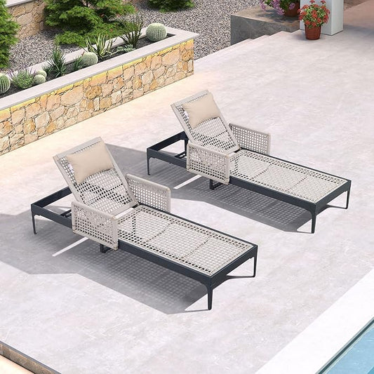 PURPLE LEAF 3 Pieces Outdoor Chaise Lounge Set Rattan Wicker Lounger with Arms Poolside Furniture Adjustable Recliners Patio Lounge Chairs for Beach Yard Garden Balcony, Dark Grey