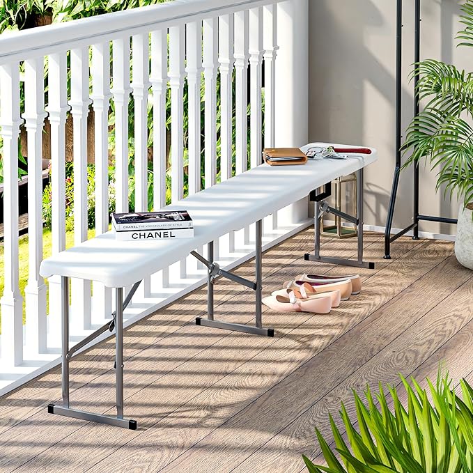 4 Pack 6ft Folding Bench, Plastic Folding Bench for Picnic Camping Dining Party Garden, 6 feet Foldable Benches for Soccer Multipurpose Entertaining Activities, Smooth HDPE Tabletop, White