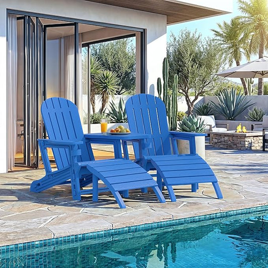 Vongrasig Adirondack Chairs Set of 2 with Removable Tabletop and Footrest, All-Weather HDPE Outdoor Chair Set with Wooden Textured, Cup Holder for Patio, Poolside, Deck, Garden, Light Blue
