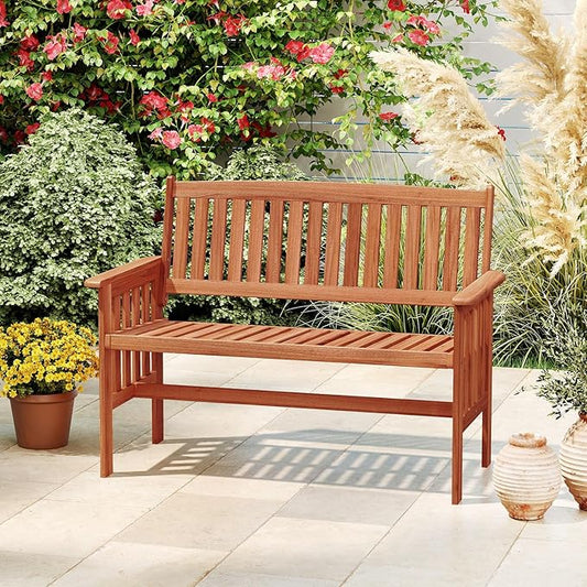 Tangkula Outdoor Wood Garden Bench, 2-Person Patio Park Bench with Backrest, Armrests and Slatted Seat, Outside Loveseat Furniture for Front Porch, Balcony, Deck and Yard
