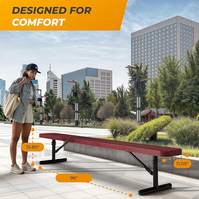 Heavy-Duty Outdoor Metal Bench, Thermoplastic-Coated, Portable, Weatherproof, Commercial-Grade for Parks, Gardens, Patios, Stores & More (8 Ft - Portable, Red)