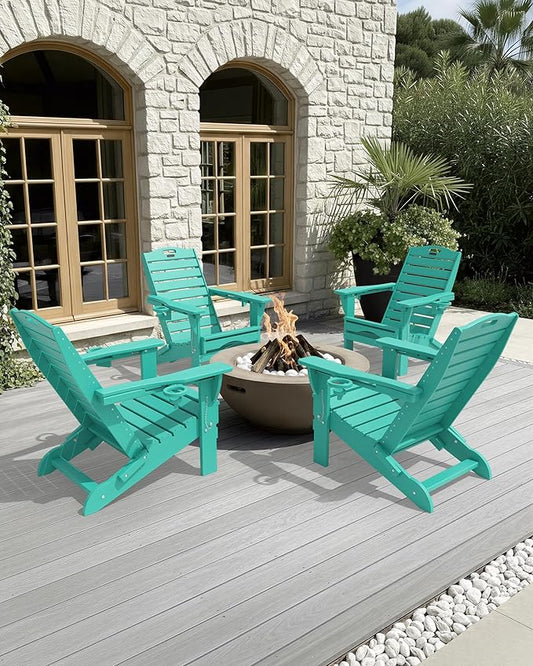 Folding Adirondack Chair with Retractable Ottoman Weather Resistant Fire Pit Chair Patio Chair with 2 Cup Holder Lawn Outdoor Lounge Chair (Lake Blue)