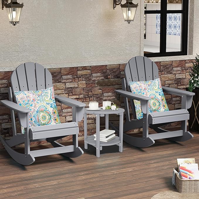 Sundale Outdoor Rocking Chair Set of 4 with Pillow, Patio Plastic All Weather Adirondack Rocker for Proch, Water Resistant for Outside, Garden, Pool, Yard, Grey