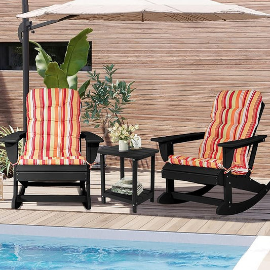 Sundale Outdoor Adirondack Rocking Chair with Cushion Set of 2, Patio Plastic All Weather HDPE Rocker for Proch, Water Resistant for Outside, Garden, Pool, Yard, Black