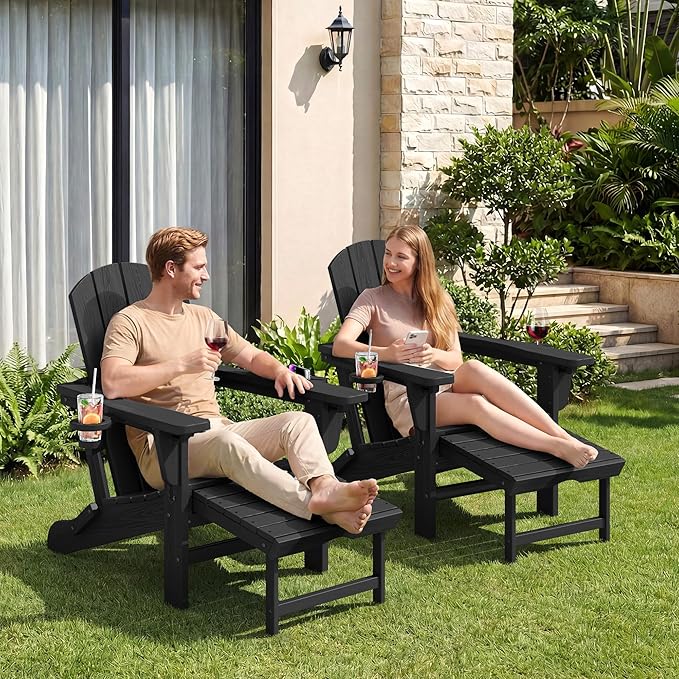 KINGYES Folding Adjustable Adirondack Chair with Retractable Ottoman, HDPE Recliner Adirondack Chair with Cup Holder, Black