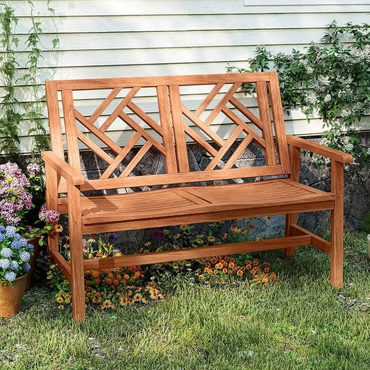 Tangkula Outdoor Wood Bench, 2-Person Patio Loveseat Chair with Geometric Backrest, Built-in Armrests & Slatted Seat, 660 lbs Weight Capacity, Garden Bench for Porch, Backyard & Poolside