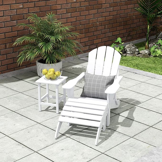 WO Home Furniture 3pc Set - HDPE Poly Adirondack Chair with Ottoman/Footrest and Square Side Table, All Weather and UV Resistant for Outdoor Patio Backyard, Garden, White