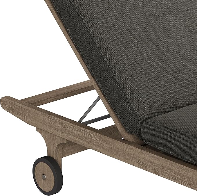 Modway Saratoga Teak Outdoor Chaise Lounge Chair in Flint Gray – Adjustable Wood Pool Lounge Chair with Wheels and Cushions