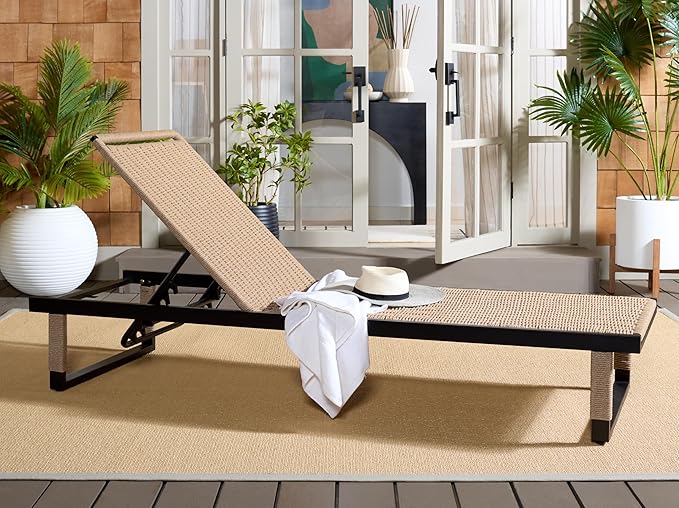 SAFAVIEH Outdoor Patio Furniture Collection - Arman Black Metal & Heather Tan Rope Chaise Lounge Chair, 6 Reclining Positions, No Cushion (PAT7548A)