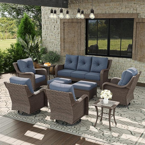 9 Piece Patio Furniture Set, All-Weather Wicker Outdoor Conversation Set with Swivel Rocking Chair and 6 Inch Thick - Photo 1