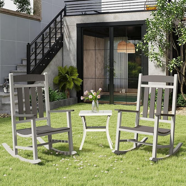 Outdoor Patio Rocking Chairs Set of 3, 2 Chairs Made of Metal & WPC + 1 All Metal Table - Photo 1