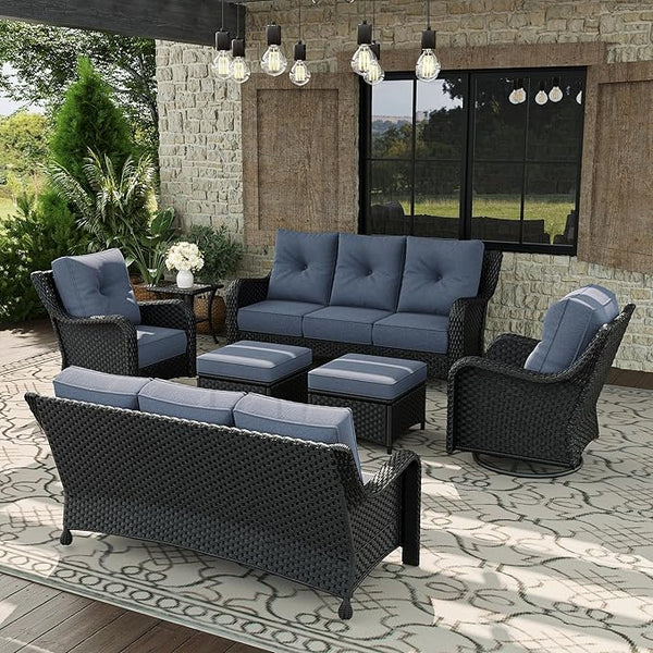 7 Piece Patio Furniture Set, All-Weather Wicker Outdoor Conversation Set with Swivel Rocking Chair and 6 Inch Thick - Photo 1