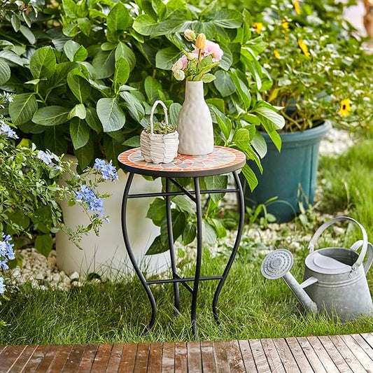 VONLUCE Mosaic Side Table and Plant Stand, 21" Round End Table with 14" Ceramic Tile Top, Indoor and Outdoor Accent Table, Porch Patio Furniture, Entryway & Coffee Table for Home & Garden, Quilt Star